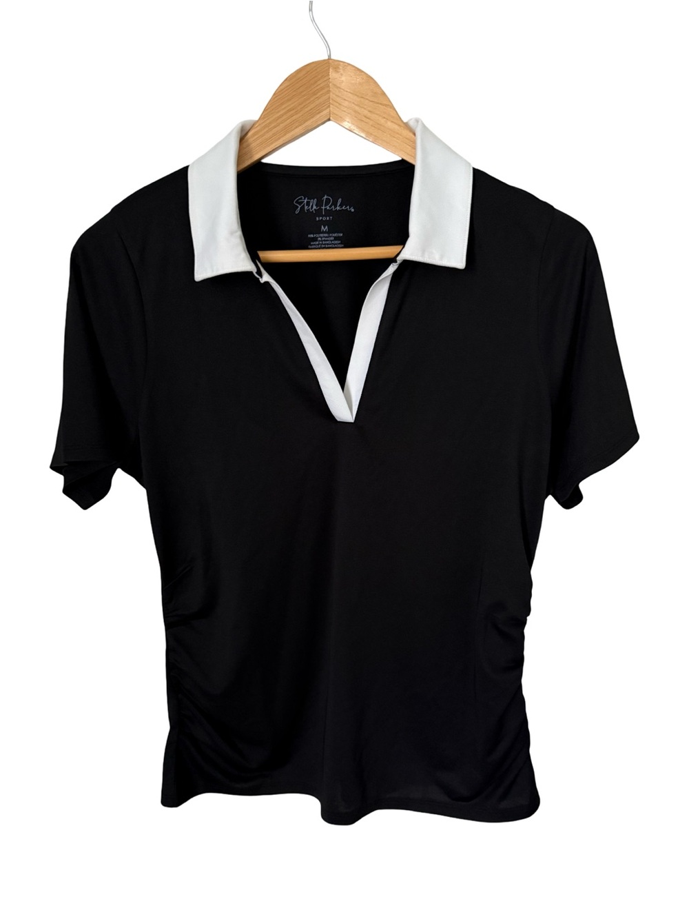 Stella Parker Sport Women's Side Ruched Black Polo Shirt NWT Size M